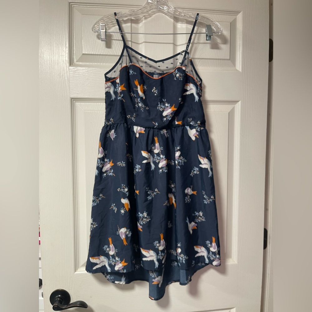 XHILARAYION Juniors Navy Blue Dress with Birds/Glowers Spaghetti Straps Medium - Picture 2 of 9